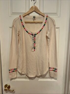 Free People We The Free Cream Long-Sleeve Henley with Multicolor Trim